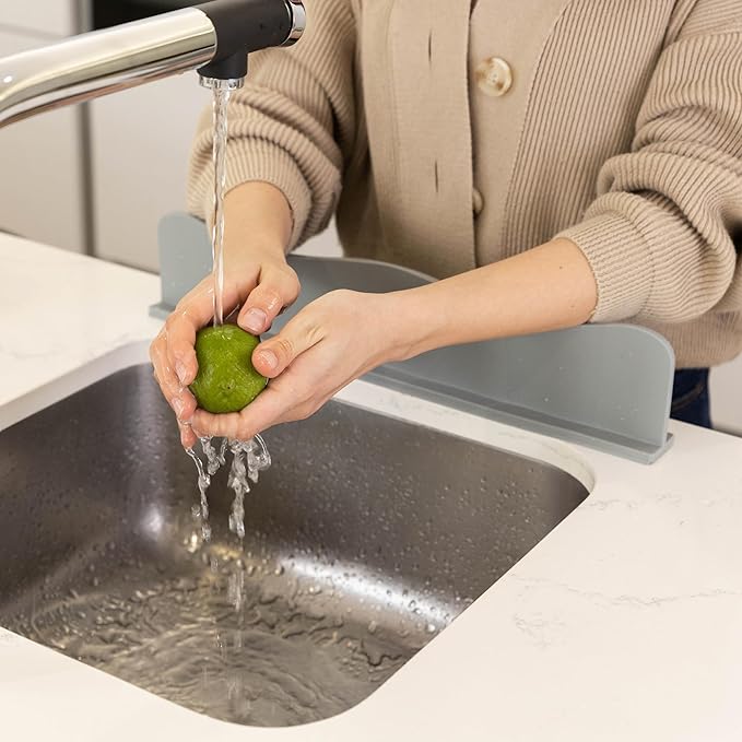 Silicone Sink Splash Guard - Water Splash Guard for Kitchen, Island and Bathroom - Secure Non-Slip Suction Cup Base - Dishwasher Safe, Gray (17.4 x 1.7 x 3.6")