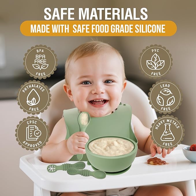 6 Piece Baby Bowls With Suction and Lids | Toddler Bowl Set with 1 Bowl, 1 Bib, 2 Baby Spoons, 1 Large Spoon, 1 Large Fork, Baby Feeding Essentials (1, Light Blue)