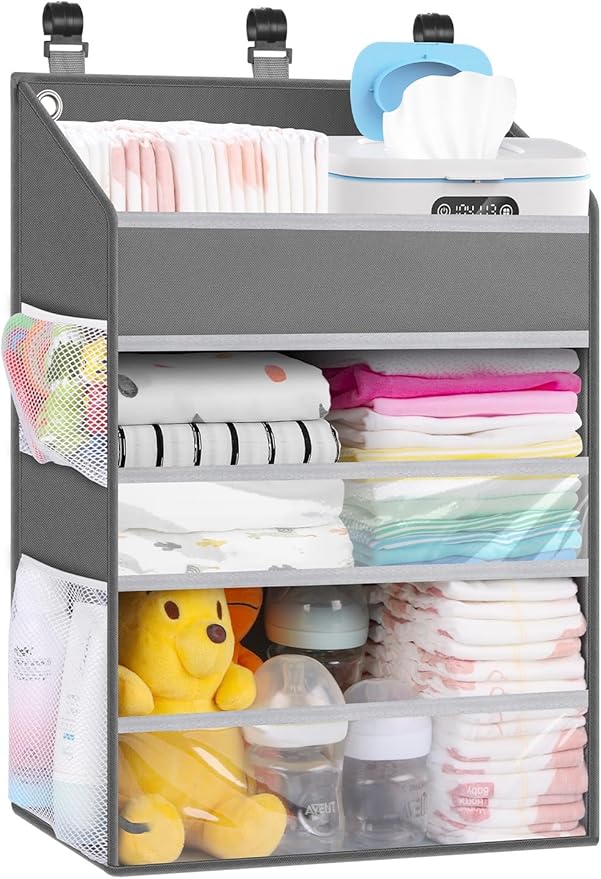 Hanging Diaper Caddy Organizer Crib Organizer–Spacious Baby Girl/Boy Nursery Storage Organizer for Changing Table, Playpen/Wall- Hold 90+ Diaper (Grey)