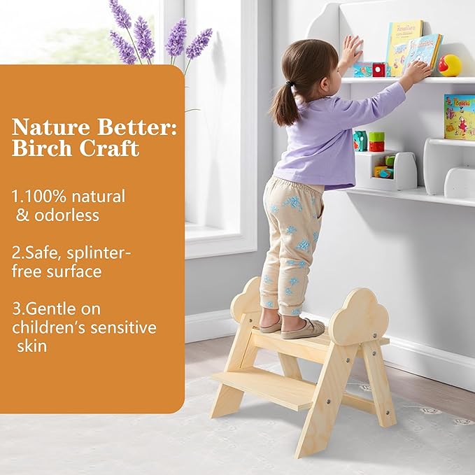 TinyHaven Wooden Toddler Step Stool, 2-Step Foldable Stool for Kids with Non-Slip Surface, Baby Bathroom Stool for Potty Training, Bathroom Sink, Kitchen Counter with Cute Cloud Design, Natural
