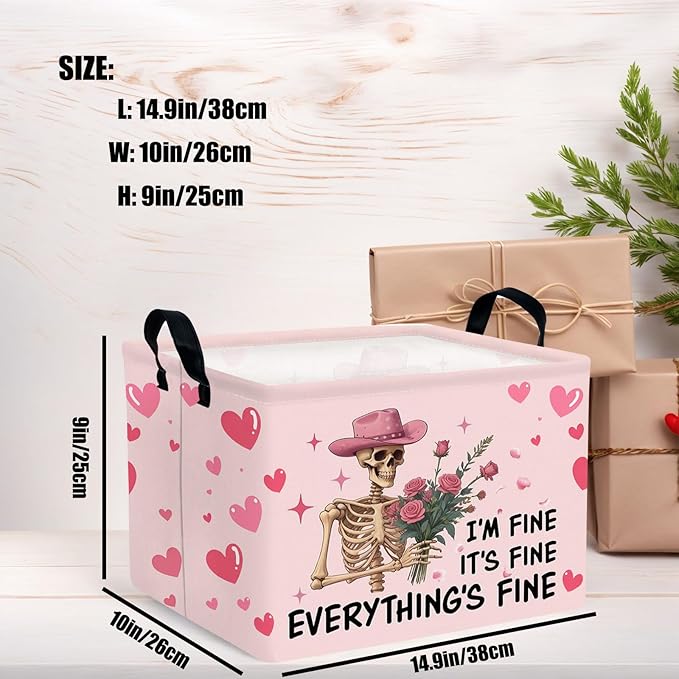 ASKETAM Valentine's Day Basket Gift for Empty Cute Heart Large Storage Bin for Kid and Baby Room Décor (Pink Rose Skull Heart)