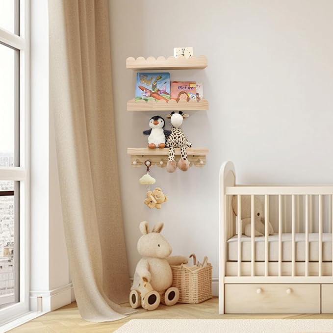 Nursery Shelves for Wall with Hooks-Scalloped Wall Book Shelves for Bedroom Kids Set of 3, Nursery Furniture Must Have, 16 Inch, Natural