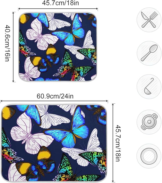 Absorbent Dish Drying Mat for Kitchen Counter - Blue Butterfly Microfiber Drying Pad, Reversible Drainer Mats for Countertop, Small 16" x 18"