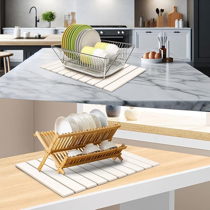 Large Stone Dish Drying Mats for Kitchen Counter, 24"(L)×16"(W) White, Drying Collapsible Dish Drying Mat, Eco-Friendly Absorbent Diatomaceous Earth Mats for Dishes Bottles Cups