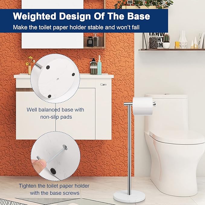 NearMoon Bath Toilet Paper Holder Stand- Modern Tissue Roll Holder Standing with Balanced Base, Rustproof Toilet Roll Holder for Bathroom/Kitchen Countertop (Chrome Finish, Marble Base)