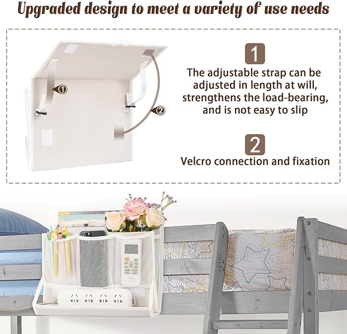 Retyion Bedside Caddy Bedside Storage Organizer Bedside Organizer with Power Strip Holder and 2 Adjustable Straps for Home Bunk Bed College Dorm Sofa (White)