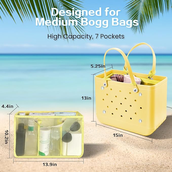 XYFuuee Beach Bag Organizer Inserts for Baby Medium Bogg Bag Accessories with 8 Removable Metal Fasteners, Lightweight Mesh Insert Divider Pouch, Organizing Rubber Tote, Save Storage Space, yellow M