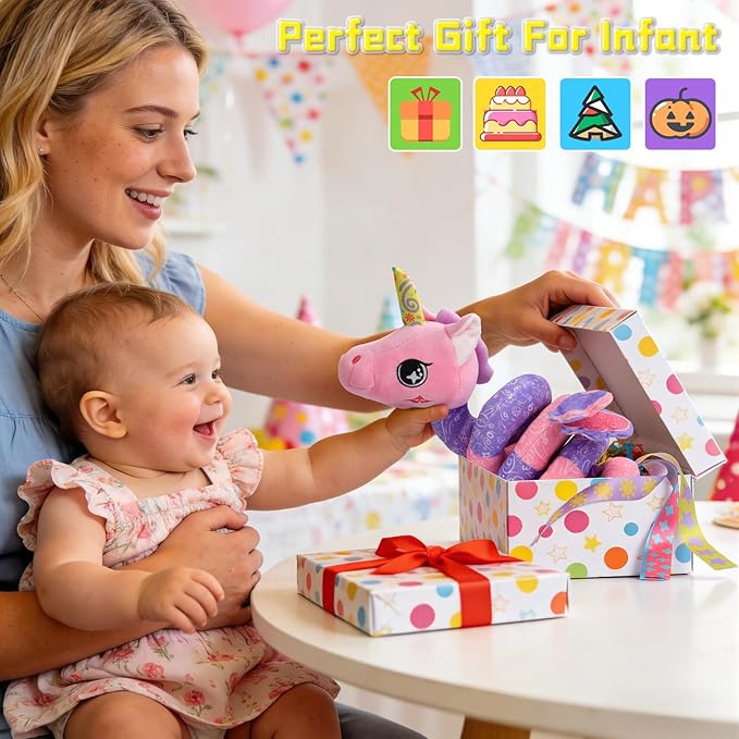 Musical Car Seat Toy for Babies 0-12 Months Girl, 5-in-1 Sensory Activity Hanging Toy Stroller Toy with Soothing Music, Rattle, Mirror for Newborn Infants Essential Gifts, Unicorn