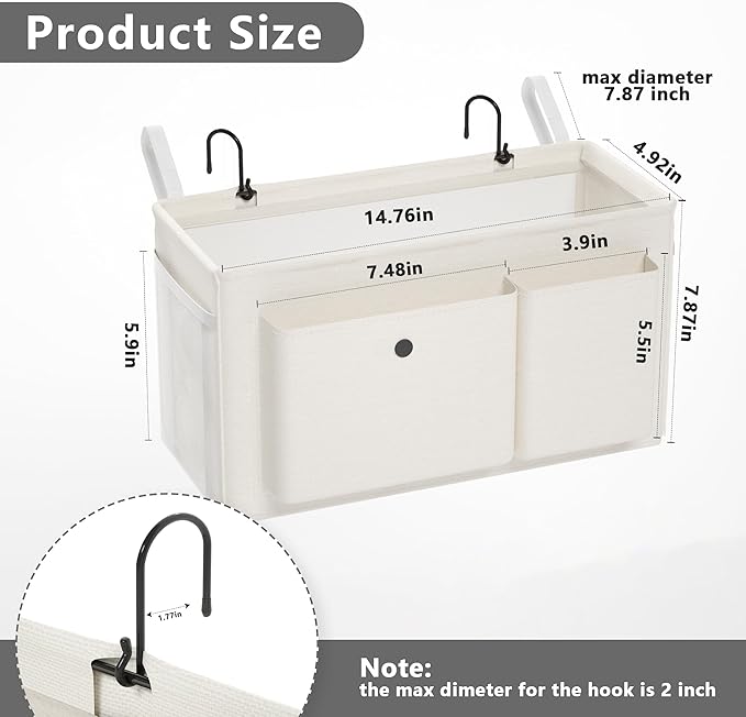 Edudif Bedside Caddy Bedside Organizer with Fixed Straps & Water Bottle Holder, Bunk Bed Caddy ideal for Home, Dorm, Hospital, Crib, Versatile Bedside Storage Solution (White 2pcs)