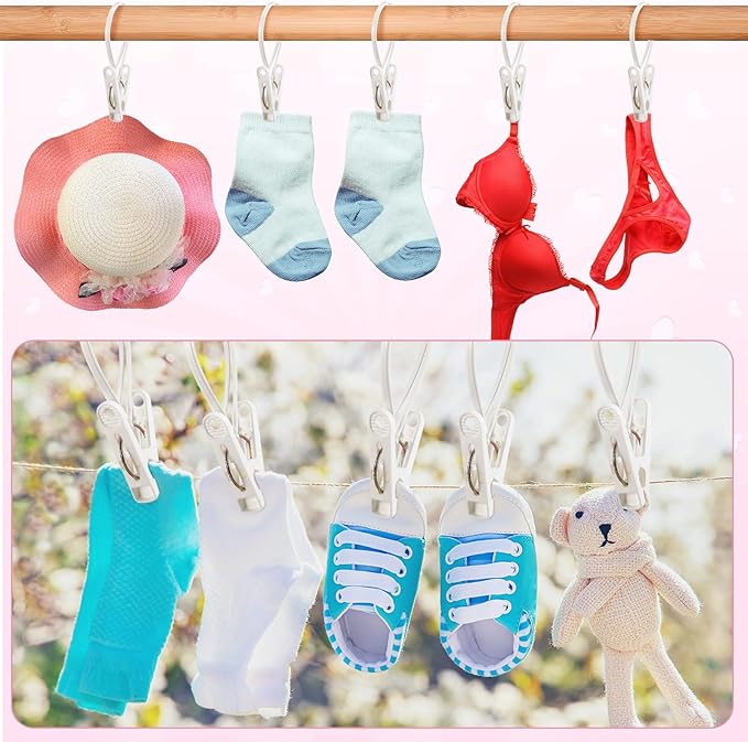 Honeydak 30 Pack Multi-Purpose Laundry Hooks Hanging Clips Bulk with Plastic Rope Hanger Clips for Baby Clothes Closet Organizer for Pants Hat Sock Boot Bra Towel Bathroom Wardrobe (White)