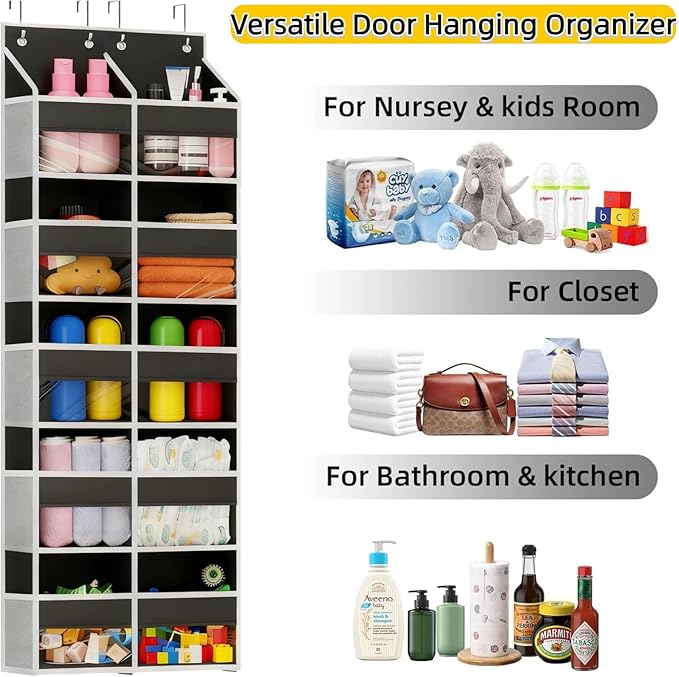 5 Tier Over the Door Organizer with 10 Clear Pockets & 10 Mesh Pockets - Extra Large Behind Door Storage for Closet, Nursery, Bedroom, Pantry | Diaper & Toy Organizer (Black)