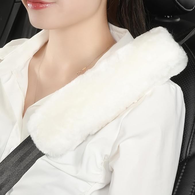 Fluffy Fuzzy Genuine Sheepskin Car Seat Belt Covers for Soft Auto Lambswool Seatbelt Pads, Shoulder Strap Cushion Adults Kids (1, Ivory)
