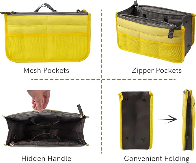 Vercord Purse Organizer Insert for Handbags Bag Organizers Inside Tote Pocketbook Women Nurse Nylon 13 Pockets Yellow Medium