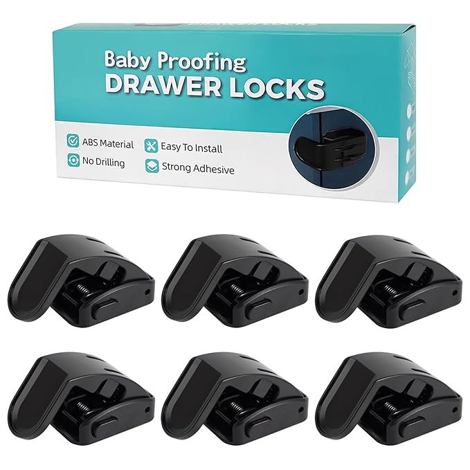 Maveek Baby Proof Drawer Locks 6 Pack, Toddler Proofing Lock For Corner Drawer Nightstand Cabinet Thinner Door Kitchen Cupboard, Baby Safety Furniture Latch For 0-12 Month Infants (6Black)