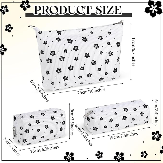 3 Pcs Makeup Bag Set for Women Corduroy Cosmetic Pouch Aesthetic Smile Travel Toiletry Bag Cute Purse Pouch Pencil Case Makeup Brushes Storage Organizer with Zipper(White,Floret)