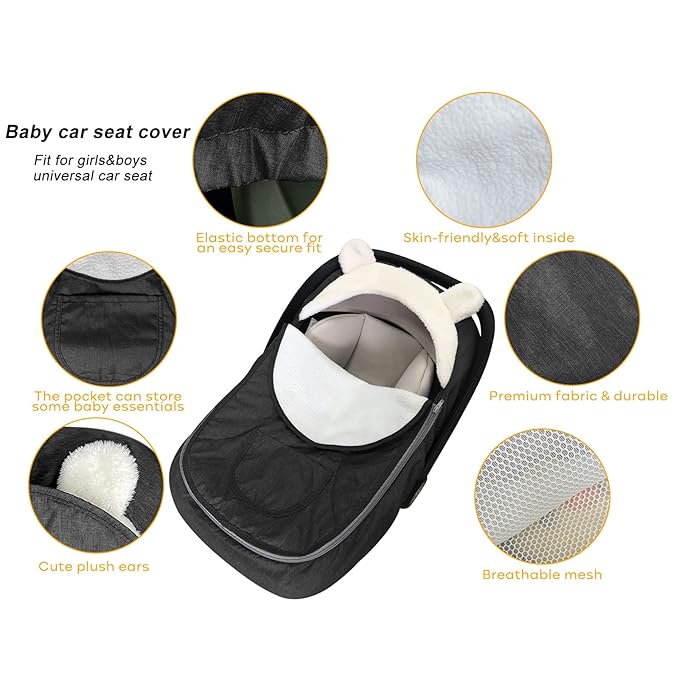 Carseat Cover,Baby Car Seat Cover,Infant Carseat Cover Canopy Universal Fitted Winter Autumn Spring Car Seat Cover for Babies Boy Girl Newborn,with Mesh Cover,Warm Breathable-Black