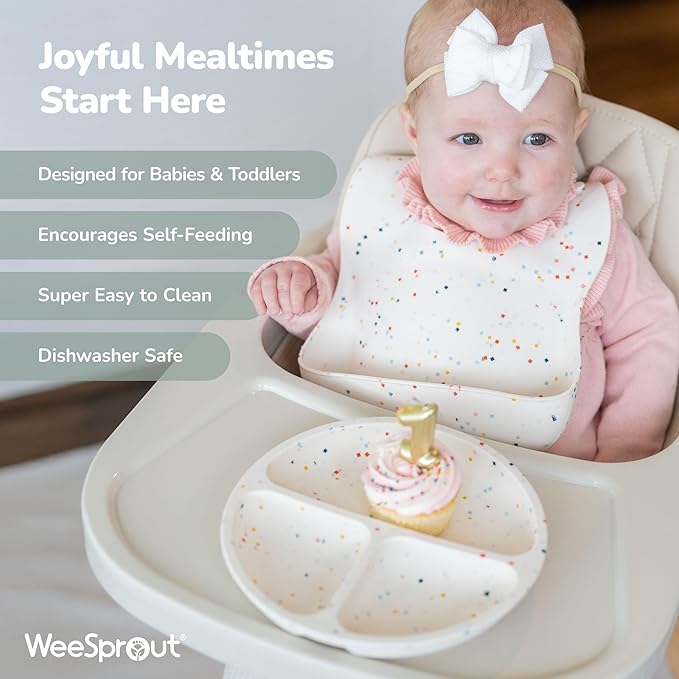 WeeSprout Baby Led Weaning Bundle, Silicone Suction Bowl, Spoons, Bib & Cup, Develops Self Feeding Skills, Dishwasher Safe (Green)