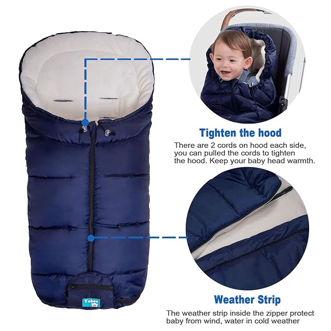 Yobee Universal Stroller Sleeping Bag, Toddler Size, Winter Outdoor Tour Waterproof Baby Bunting Bag, Center and Botton Open for Easy in & Out, Navy
