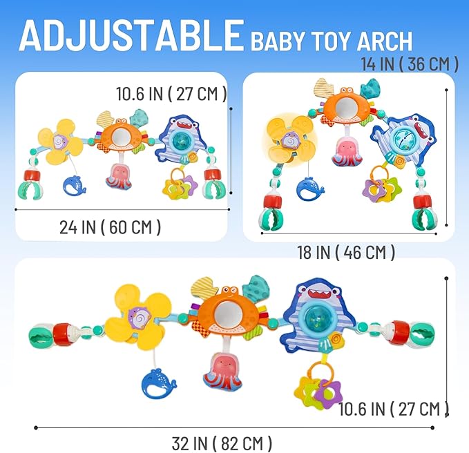 Adjustable Baby Stroller Arch Toy, Car Seat Toys for Infants 6-12 Months Bassinet Hanging Toy Bar Attachment with Mirror & Sound, Crib Comfort Gift for Birthday, Baby Shower