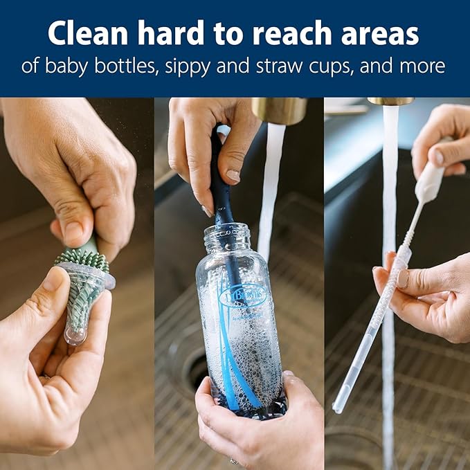 Dr. Brown's Silicone Cleaning Brush Set with Bottle, Spout, and Straw Brush, 3-Pack + Soft Touch No Scratch Baby Bottle Cleaning Brush, Blue
