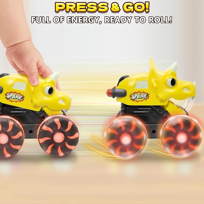Intoypad Yellow Triceratops Dino Monster Truck – Toddler Push Car Toy with LED Wheels – Press & Go Dinosaur Toy Vehicle for Kids Ages 2 3 4 5 – Chomping Mouth Light-Up Action Toy for Boys Girls