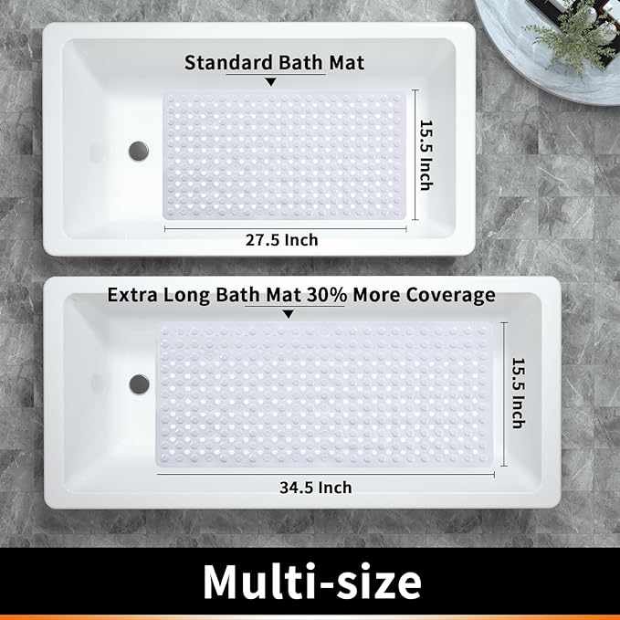 Yimobra Bath Tub Mat Non Slip, 34.5"x15.5" Long Shower Mat, Machine Washable Bathmat with Drain Holes and Suction Cups, Soft on Feet, Bathroom Essentials, White