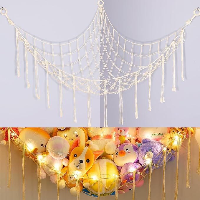 Basumee Stuffed Animals Net or Hammock with LED Light, Hanging Stuffed Animals Storage Toy Hammock Net Corner Wall Girls Room Decor Toy Storage Organizer, Cream, L