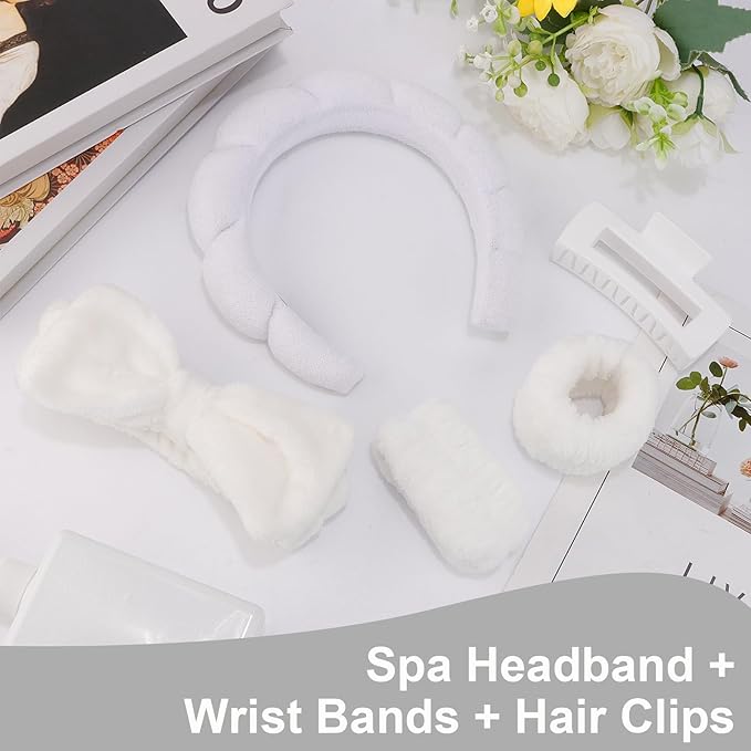 Canitor Spa Headband Wrist Bands with Hair Clips White Non Slip Puffy Terry Cloth Makeup Skincare for Washing Face Skin Care Preppy Teen Girl Gifts Women Cute Trendy Stuff Stocking Stuffer
