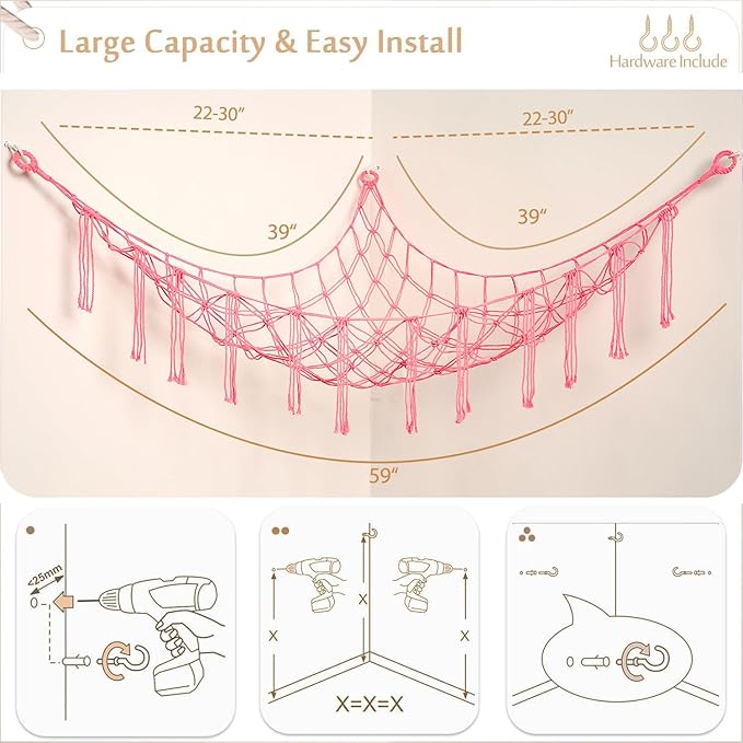 YKBU Stuffed Animals Hammock Corner Hanging Net with Tassel Macrame Stuffed Animal Storage Plush Toy Holder Toy Organizer for Boho Nursery Playroom Bedroom Kids Room (pink, large)