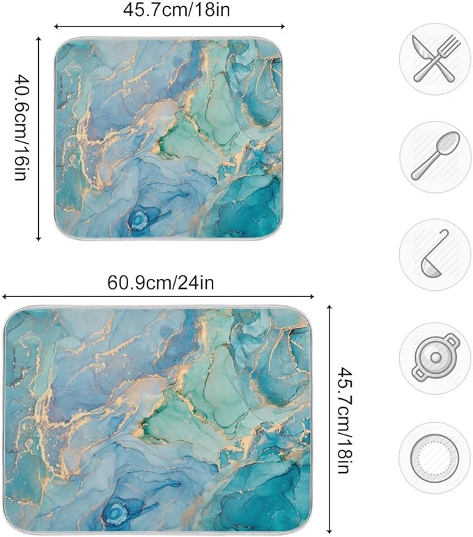 Marble Dish Drying Mat for Kitchen Counter Blue Teal Turquoise Gold Drying Mat 18 x 24 Inch with High Absorbent Reversible Microfiber Dish Drying Pad Dish Rack Pad Drainer Mat for Coffee Bar