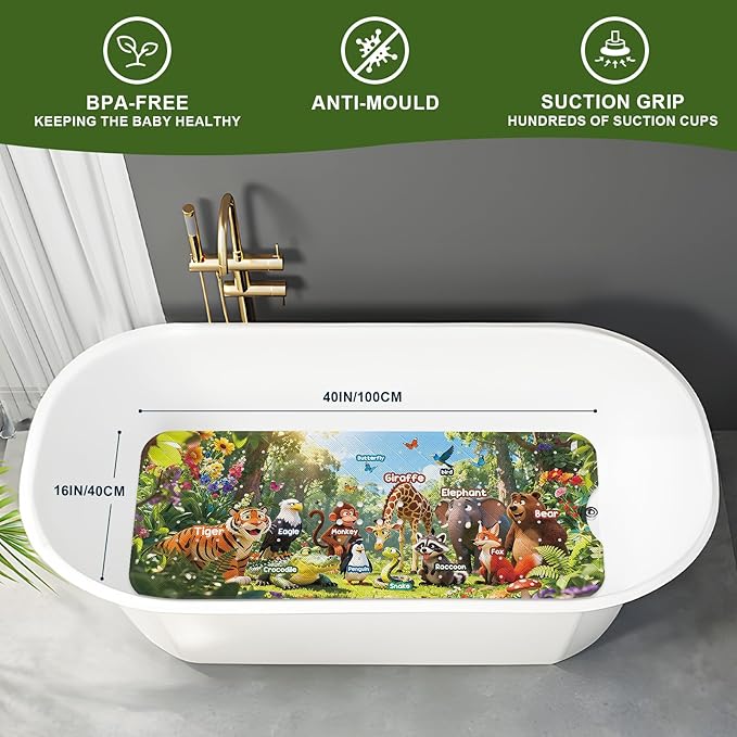 Bath Tub Mat Non Slip Bath Mat Shower Mat for Baby Adults, BPA Free Extra Long Bathtub Mat, 40x16 Inches Eco-Friendly Kids Bath Mats with Suction Cups and Drain Holes, Machine Washable,Animals
