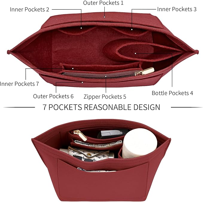 Felt Purse Organizer Insert for Longchamp Le Pliage M Handbag Insert (Vine Red, Medium)