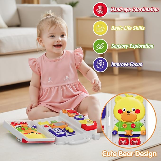 HYES Montessori Busy Board for Toddlers 1-3 2-4，Musical Toy for 12-18 Month Age, Early Educational Learning Birthday for 1 Year Old Boys Girls