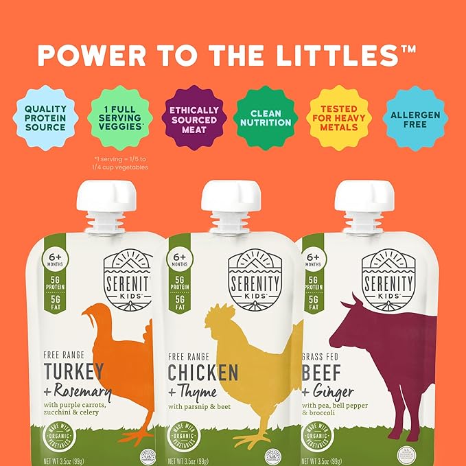 Serenity Kids 6+ Months Baby Food Pouches - Nutrient-Packed Organic Baby Food - Savory Meat & Herb Puree - Protein Pouches with 5g Protein for Toddler Snacks - 3.5 Oz, 6 Pack