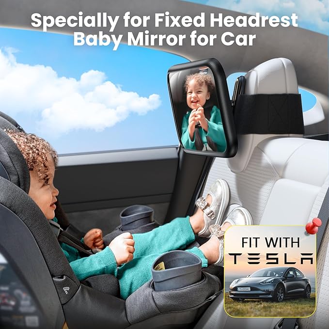 Fixed Headrest Car Mirror for Baby Rear Facing Fit Tesla and Other Models Shatterproof Baby Mirror for Car Back Seat 360° Wide Clear View Crash Tested Stable Velcro Strap Newborn Baby Essentials