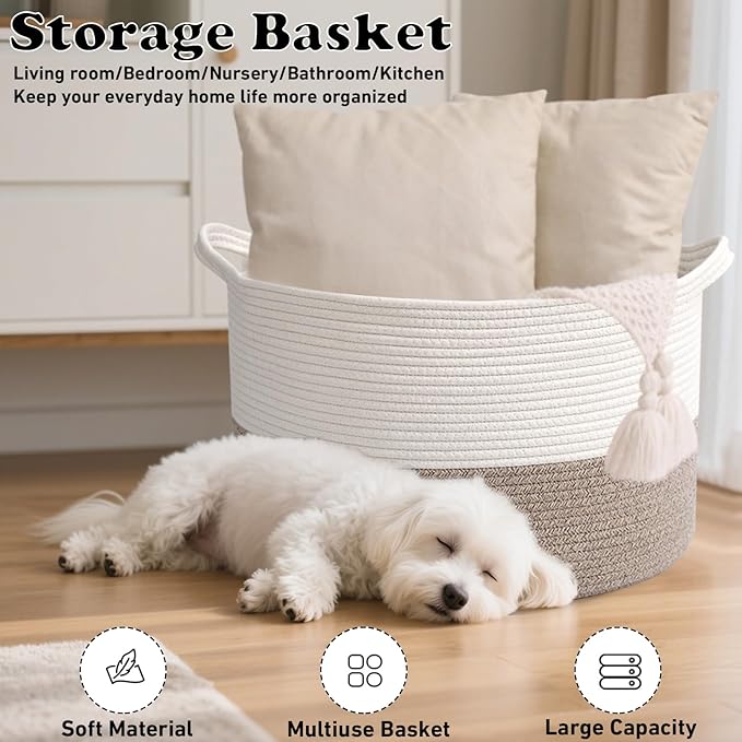 Large Storage Basket with Handle,23.6" x 23.6" x 15.7" Blanket Basket Storage Bins for Organizing,115L Cotton Rope Woven Baskets for Living Room, Nursery ,Bedroom,White&Brown