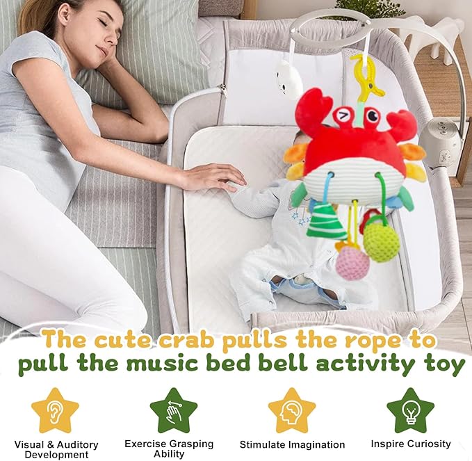 Crab Baby Toy - Clip-On Hanging Sensory Toy for Car Seat, Stroller, Gym with Squeaker, Crinkle, Rattle, Mirror & Teether | Soft Plush 18 Months Infant Developmental Toy for Tummy Time (Red)