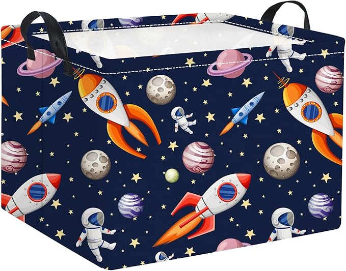 TIBAOLOVER Rectangular Baby Kids Storage Basket Boys for Home Kitchen Girls Cute Storage Bin Organizer Shelf Book Room Decor(Blue Spaceships)