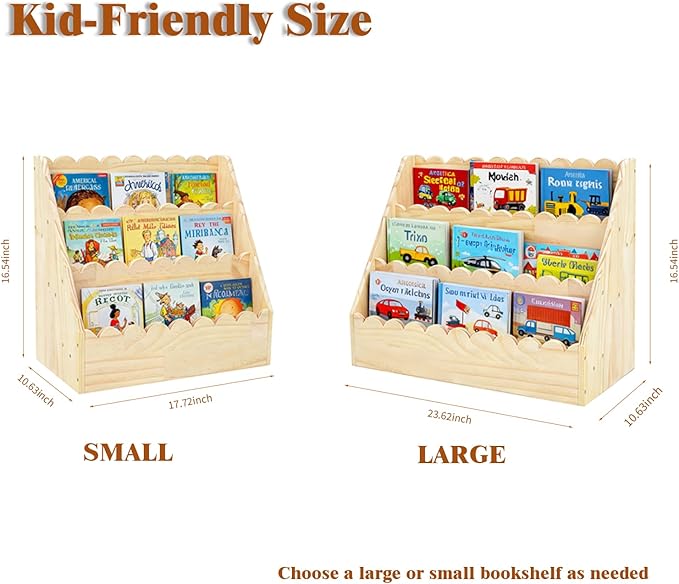 OCMML Kids Bookshelf-3-Tier Wooden Book Shelf for Kids Rooms,Nursery&Toddlers Montessori Bookcase with Deep Storage Pockets, Baby Book Storage,Children's Bookshelf for Nursery&Bedroom (Small)