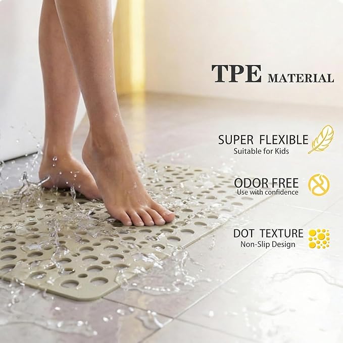Nonslip Bathtub Mat Extra Soft TPE Bath Mat for Kids, Machine Washable Bathroom Shower Mat, Smooth/Non-Textured Tubs Only, 30L x 17W Inch (Light Brown)