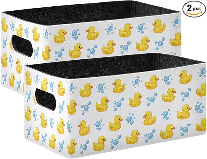 Emelivor Yellow Duck White Storage Basket Bins Set (2pcs) Felt Foldable Storage Bins with Fabric Rectangle Storage Organizing Baskets for Pet Books Clothes Closet Cabinet Organise