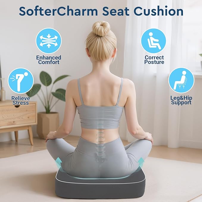SofterCharm Seat Cushion, Memory Foam Office Chair Cushions for Long Sitting Hours, Chair Pad for Sciatica, Coccyx, Tailbone, Hip Pain & Pressure Relief, Office, Home, Car Seats,Airplane, Gray/X-Large