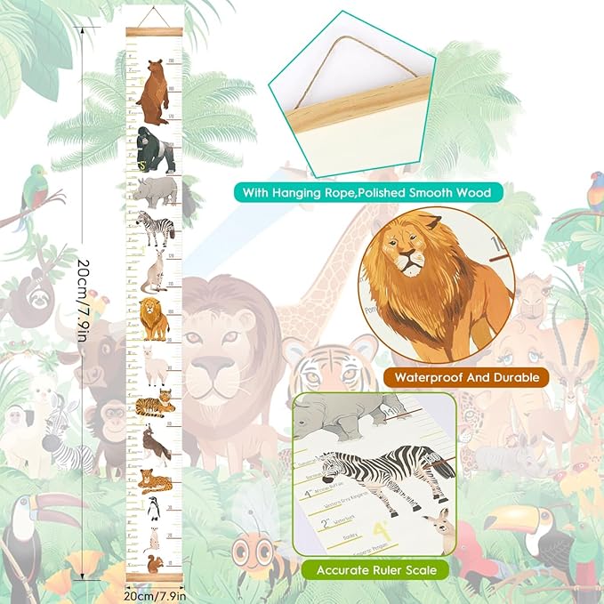 Mibote Baby Growth Height Chart Handing Ruler Wall Decor for Kids, Canvas Removable Height Growth Chart 79" x 7.9" (Animal)