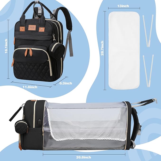 JSTPRO Diaper Bag Backpack, Large Diaper Bag with Changing Station, Baby Bag, New Mom Gifts, Lightweight Waterproof Unisex Diaper Bag with Insulated Pockets and USB Charging Port, Black
