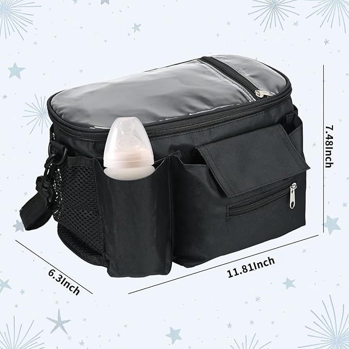 Smlper Stroller Organizer with Cup Holders, Adjustable Universal Organizer Caddy Bag - Phone Pocket & Detachable Strap for Baby Stroller and Pet Stroller (Black)