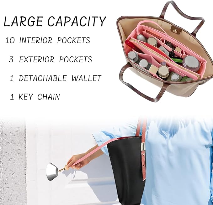 Purse Organizer Insert with Zipper Felt Bag Organizer Handbag Organizer Insert Bag in Bag Organizer with Key Chain for Tote Purse Bag Pink Small