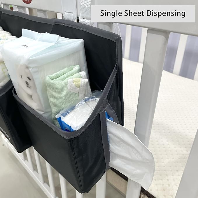 Hanging Baby Diaper Caddy, Single Sheet Dispensing Caddy Organizer Holder For Baby Crib, Nursery Organization Diaper Stacker Storage - Black