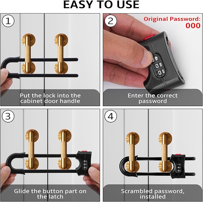 4 Pack Cabinet Locks with Combination U Shaped Sliding Cabinet Door Lock Child Proof Cupboard Locks Baby Proof Adjustable Safety Lock for Closet Code Latches Knob Handle Drawers - Black