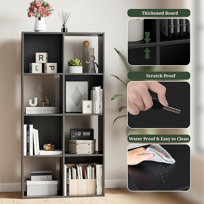 8-Cube Storage Organizer, Black Bookshelf with Open Compartments for Home Office, Modern Bookcase Display Shelf for Living Room, Bedroom & Entryway