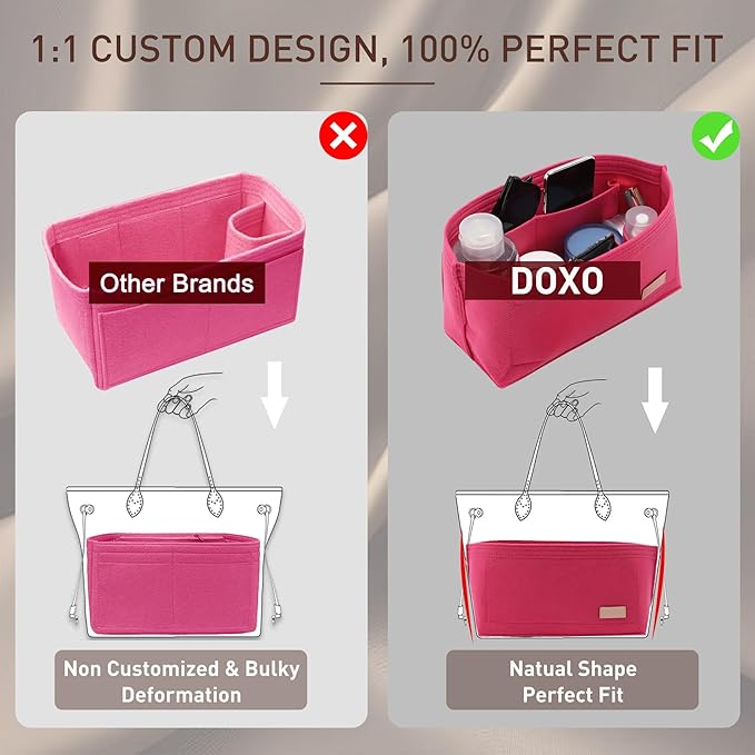 Doxo Purse Organizer Insert for Handbags & Base Shaper 2pc Set, Felt Neverfull GM Organizer Insert, Tote Bag Organizer with Zipper Pocket and Bottle Holder, Fit Neverfull GM and More, Rose-XL